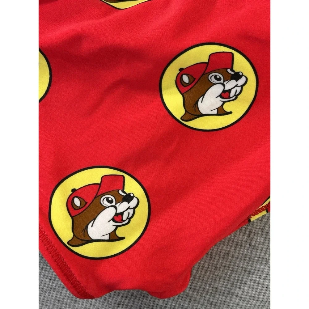 Buc-ee's Girls YXS Red Two-Piece Swimsuit All Over‎ Logo Beaver Print